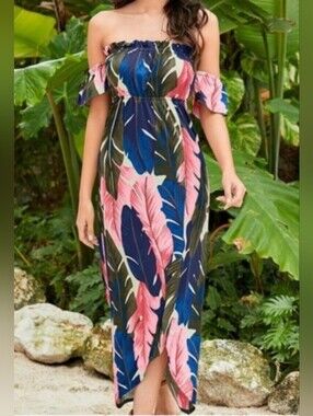 Venus Off-Shoulder Tropical Print Maxi Dress - Medium